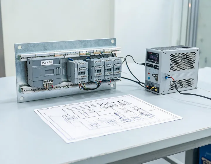PLC selection bench with modules and drawings